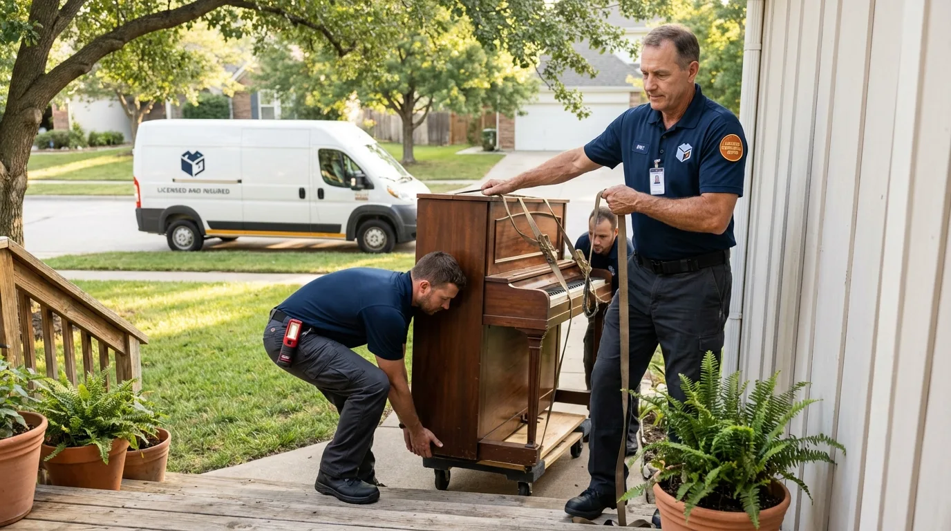 Licensed piano movers securing grand piano in Salem, IN