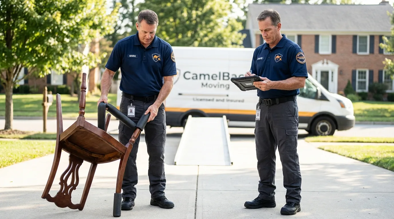 Movers inspecting furniture for damage prevention before loading in Salem, IN