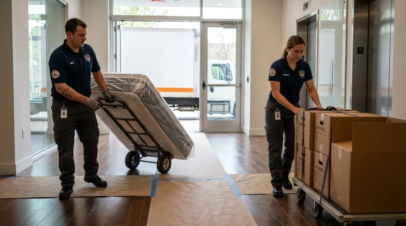 Professional apartment movers loading elevator in Salem, IN